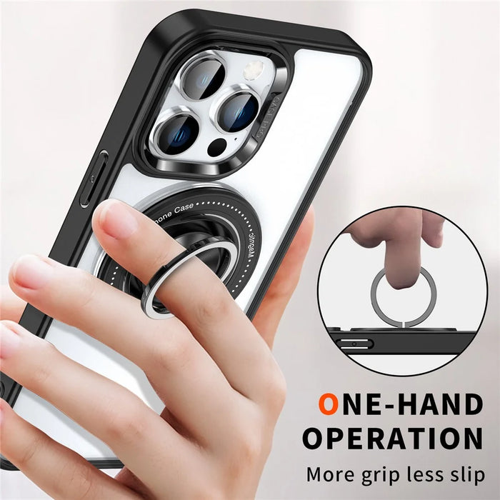 For iPhone 15 Pro Max PC + TPU + Acrylic Phone Case Ring Kickstand Transparent Cover Compatible with MagSafe - Black - 7