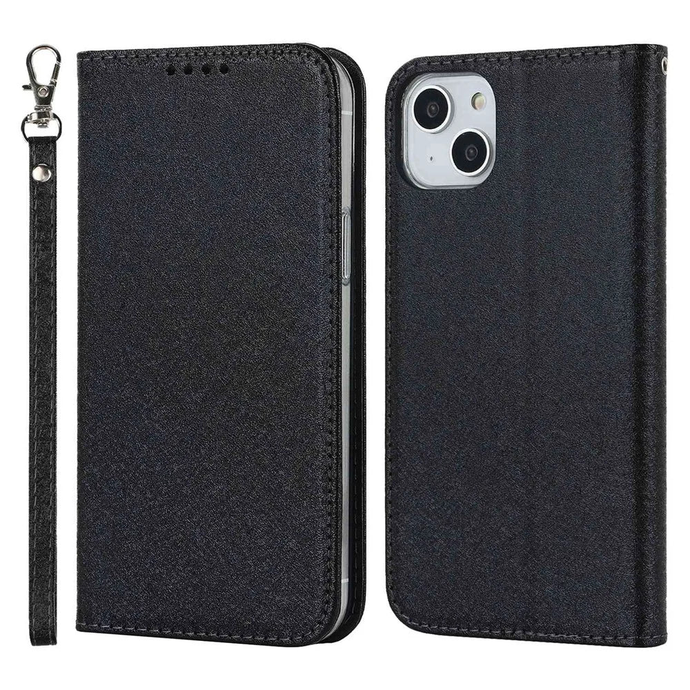 For iPhone 15 Wallet Phone Case Silk Texture Stand TPU + PU Leather Cover - Black - 1