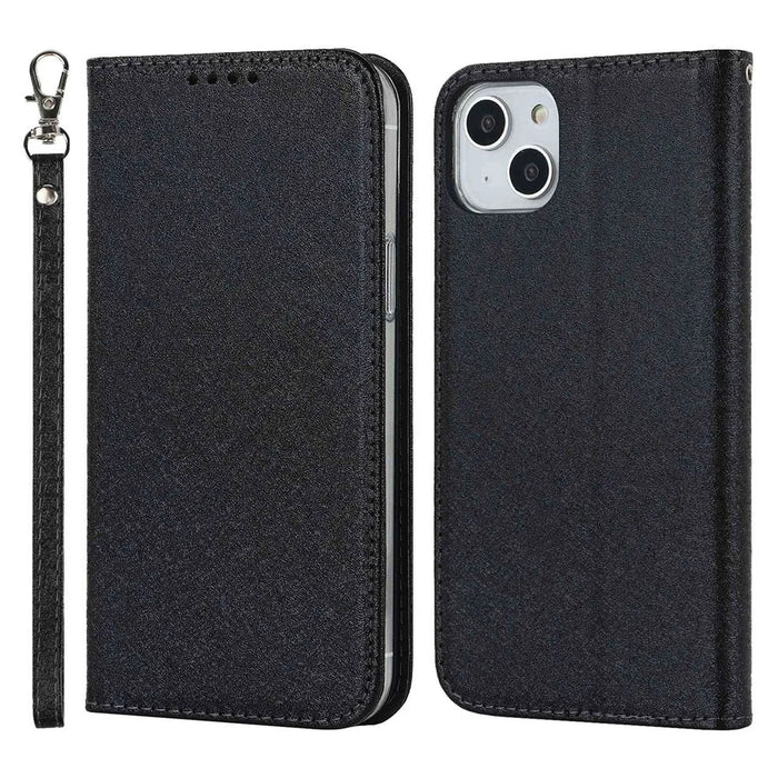 For iPhone 15 Wallet Phone Case Silk Texture Stand TPU + PU Leather Cover - Black - 1