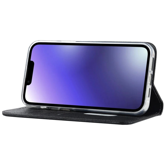 For iPhone 15 Wallet Phone Case Silk Texture Stand TPU + PU Leather Cover - Black - 3