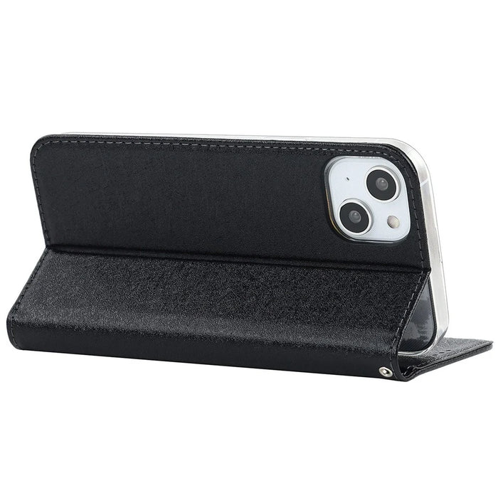 For iPhone 15 Wallet Phone Case Silk Texture Stand TPU + PU Leather Cover - Black - 4