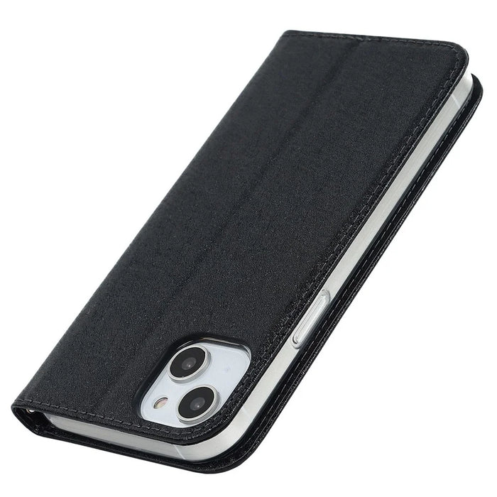 For iPhone 15 Wallet Phone Case Silk Texture Stand TPU + PU Leather Cover - Black - 5
