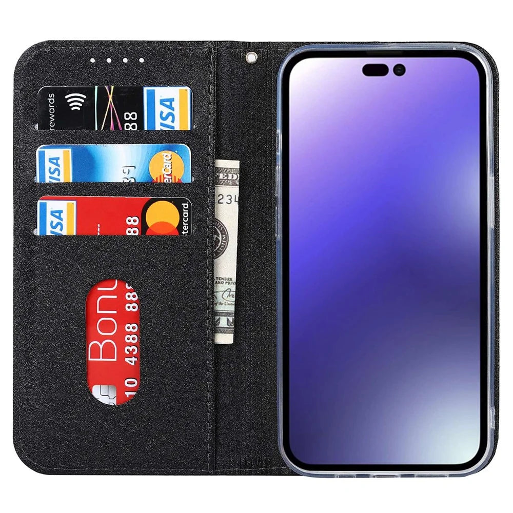 Wallet Phone Case for iPhone 15 Pro Max , Anti-Scratch PU Leather Silk Texture Stand Cover - Black - 2