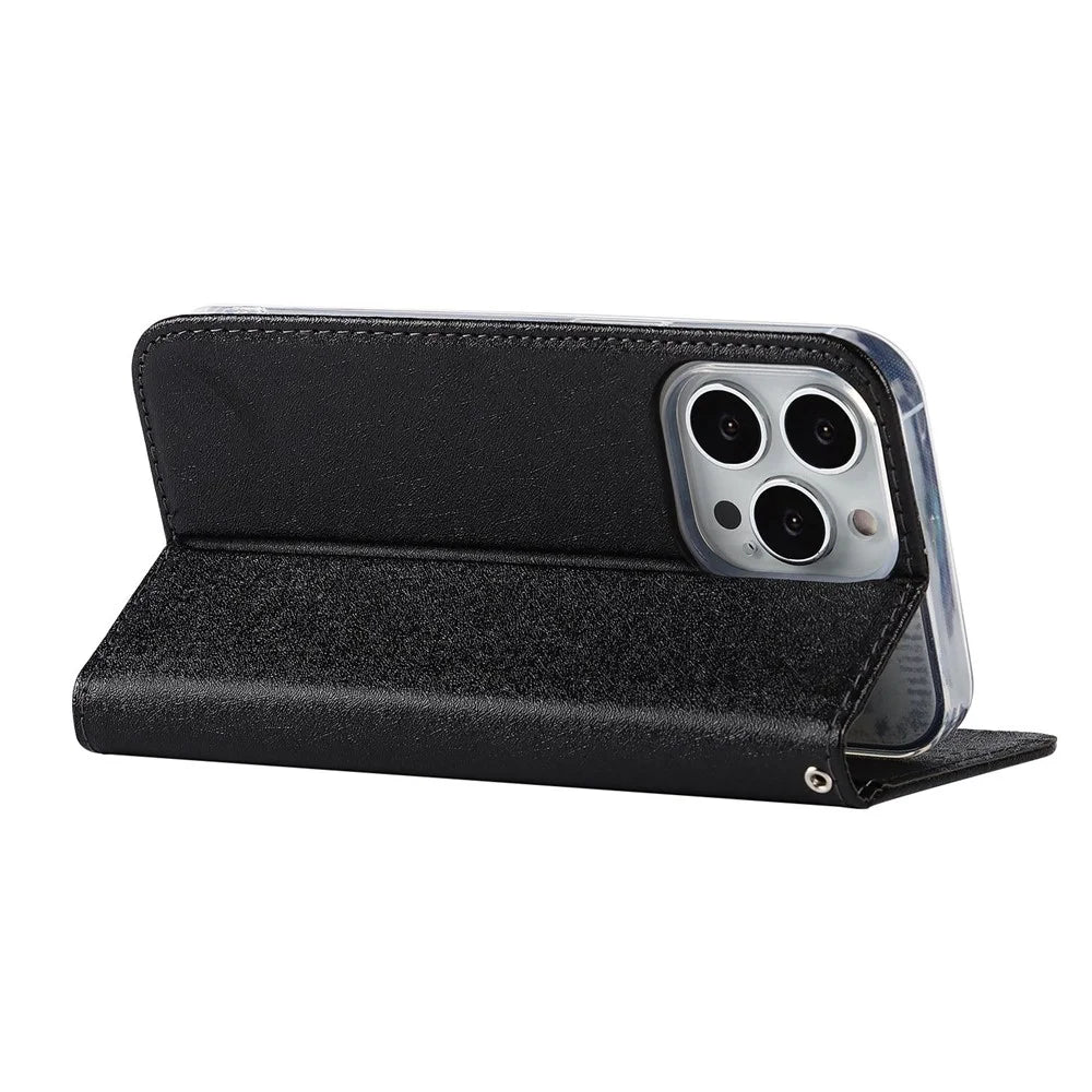 Wallet Phone Case for iPhone 15 Pro Max , Anti-Scratch PU Leather Silk Texture Stand Cover - Black - 4