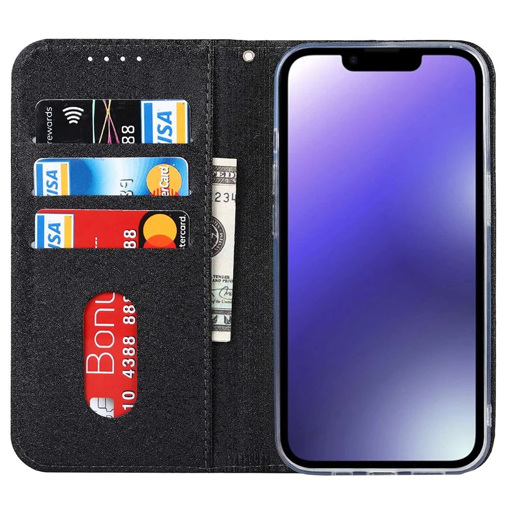 For iPhone 15 Plus Phone Case Silk Texture Stand Cover Anti-Scratch PU Leather Wallet Phone Shell - Black - 2
