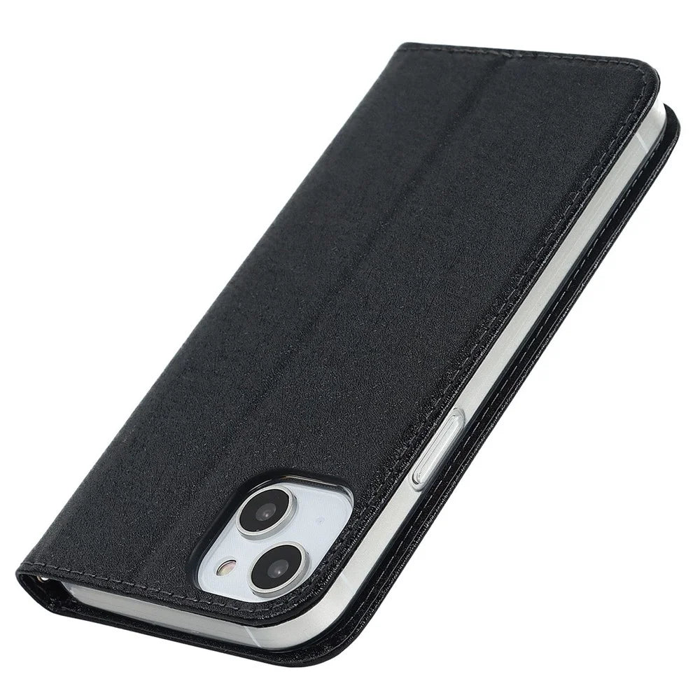For iPhone 15 Plus Phone Case Silk Texture Stand Cover Anti-Scratch PU Leather Wallet Phone Shell - Black - 5
