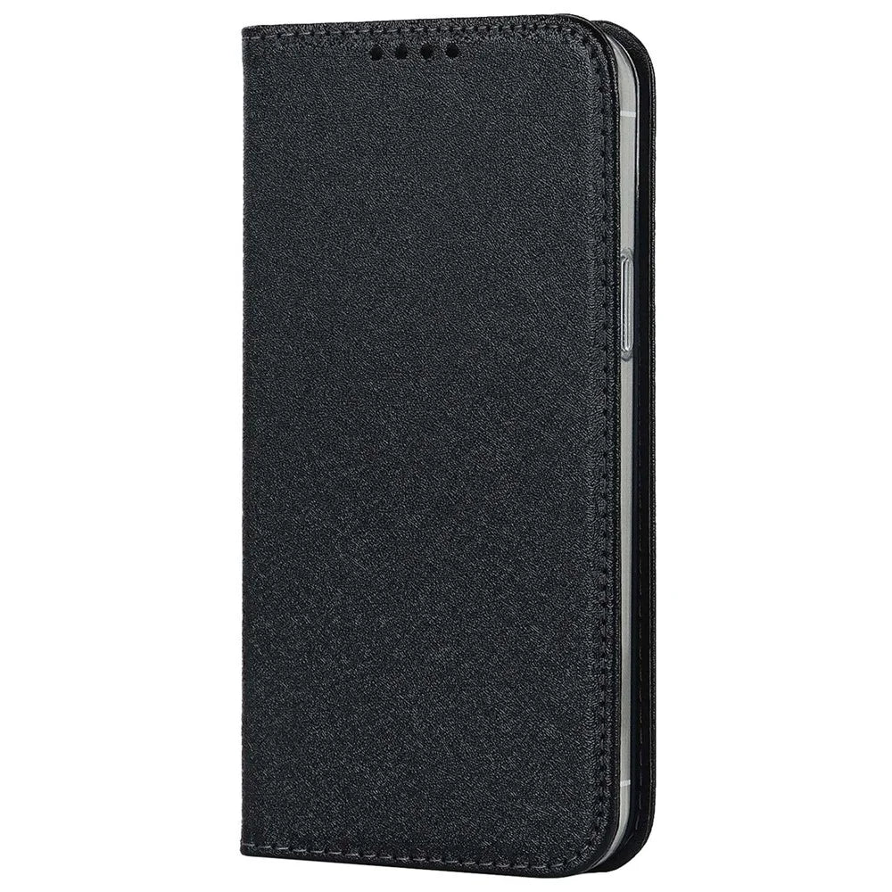 For iPhone 15 Plus Phone Case Silk Texture Stand Cover Anti-Scratch PU Leather Wallet Phone Shell - Black - 7
