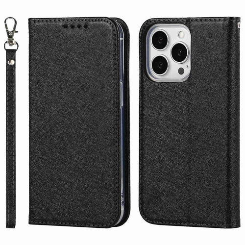 For iPhone 15 Pro Anti-Scratch PU Leather Wallet Phone Case Silk Texture Stand Cover - Black - 1