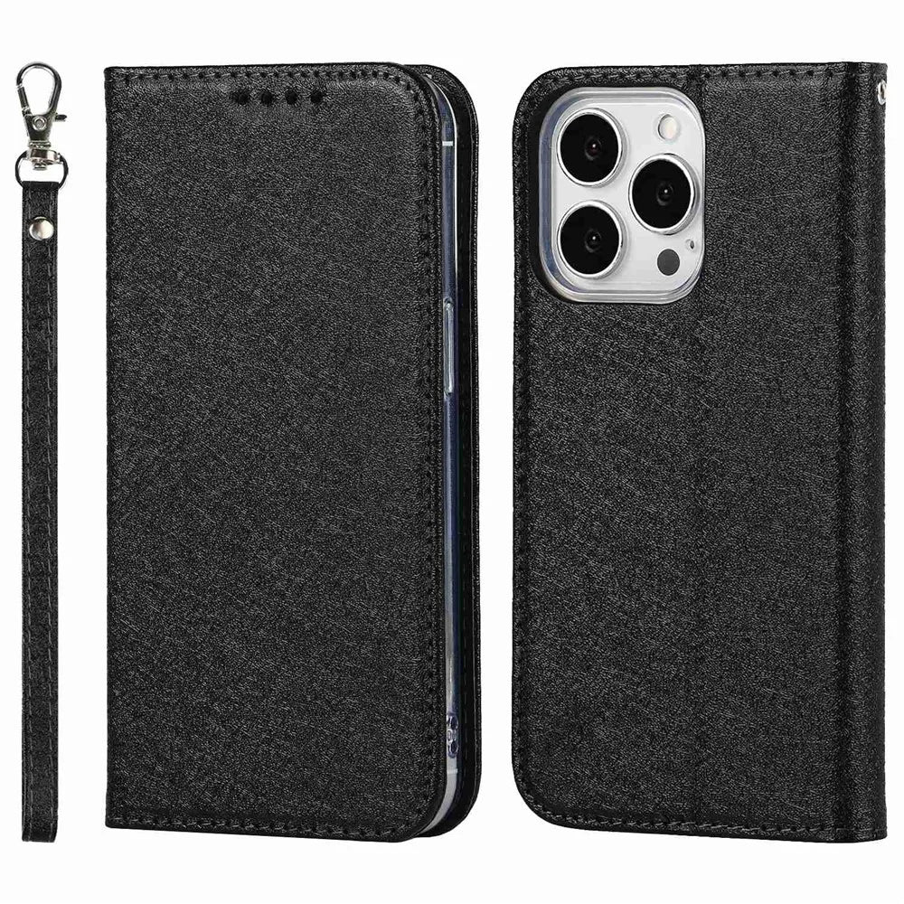 For iPhone 15 Pro Anti-Scratch PU Leather Wallet Phone Case Silk Texture Stand Cover - Black - 1