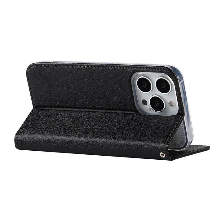 For iPhone 15 Pro Anti-Scratch PU Leather Wallet Phone Case Silk Texture Stand Cover - Black - 4