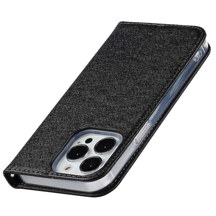For iPhone 15 Pro Anti-Scratch PU Leather Wallet Phone Case Silk Texture Stand Cover - Black - 5