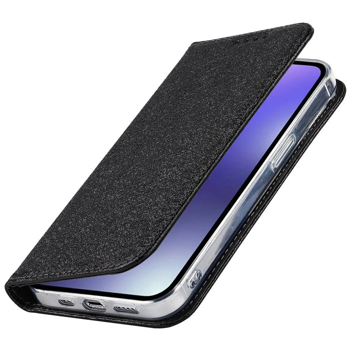 For iPhone 15 Pro Anti-Scratch PU Leather Wallet Phone Case Silk Texture Stand Cover - Black - 6