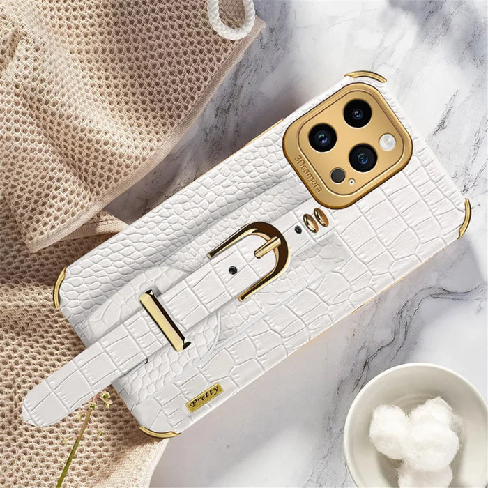 For iPhone 15 Pro PU Leather+TPU 6D Electroplated Back Case Wristband Kickstand Phone Cover - White - 2