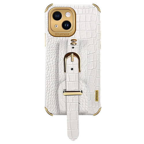 For iPhone 15 Plus Wristband Kickstand Phone Cover 6D Electroplating PU Leather Coated TPU Case - White - 1