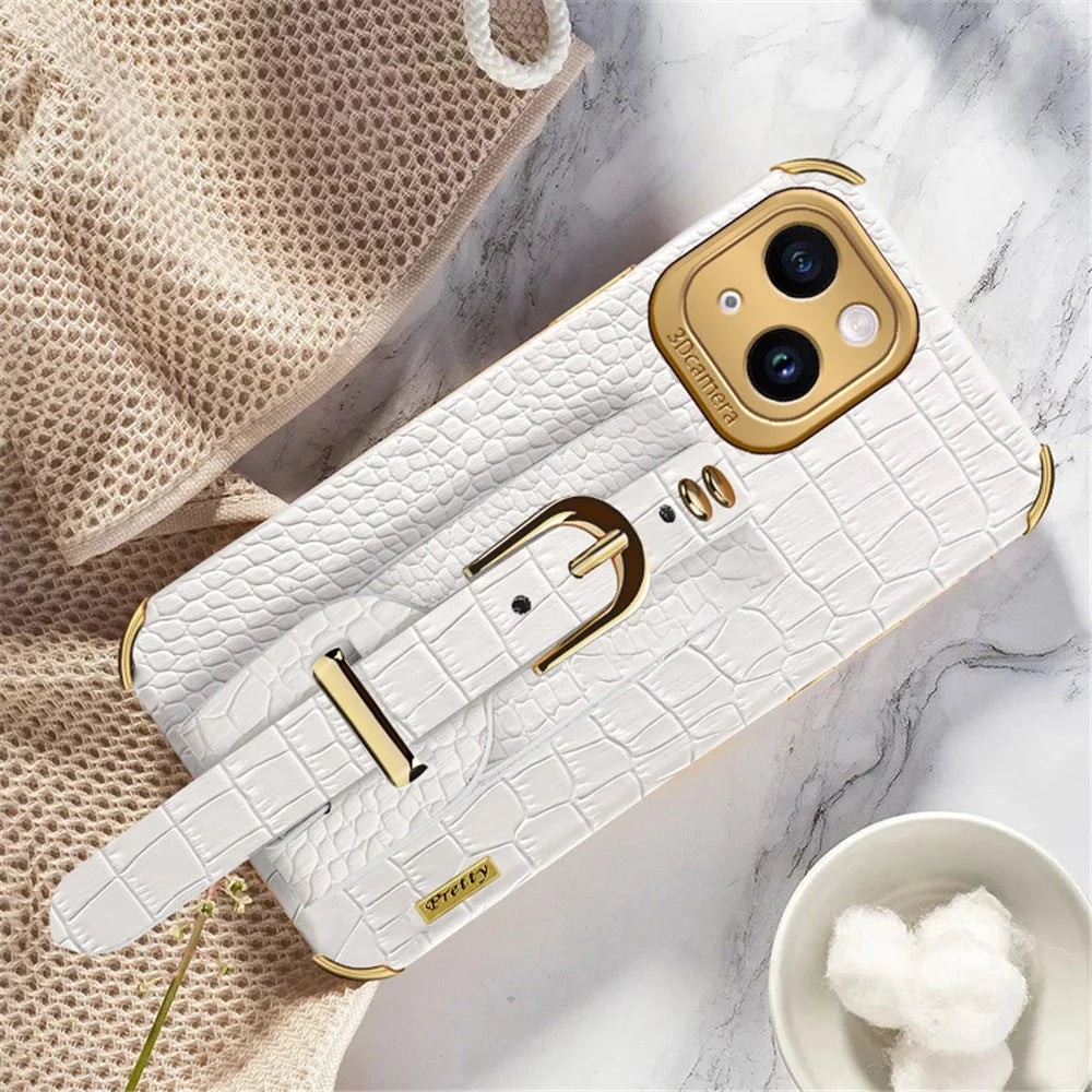 For iPhone 15 Plus Wristband Kickstand Phone Cover 6D Electroplating PU Leather Coated TPU Case - White - 2