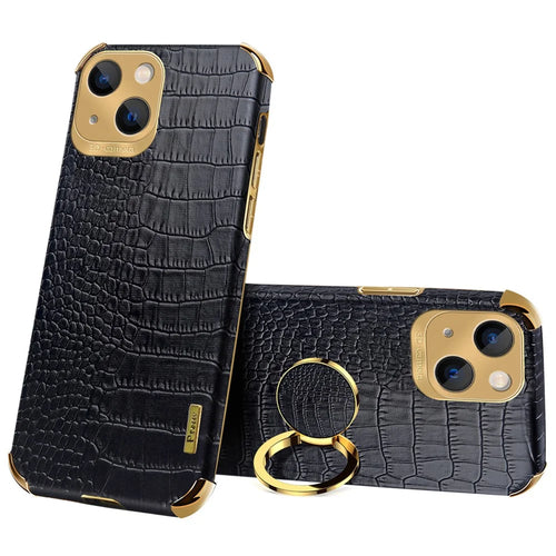 For iPhone 15 Crocodile Texture Ring Kickstand Phone Case Electroplated Leather+TPU Cover - Black - 1