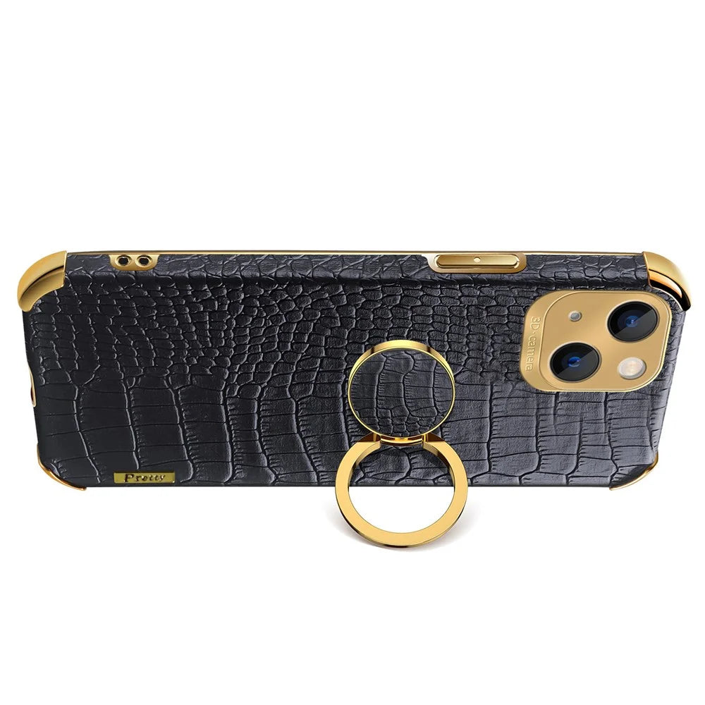 For iPhone 15 Crocodile Texture Ring Kickstand Phone Case Electroplated Leather+TPU Cover - Black - 2