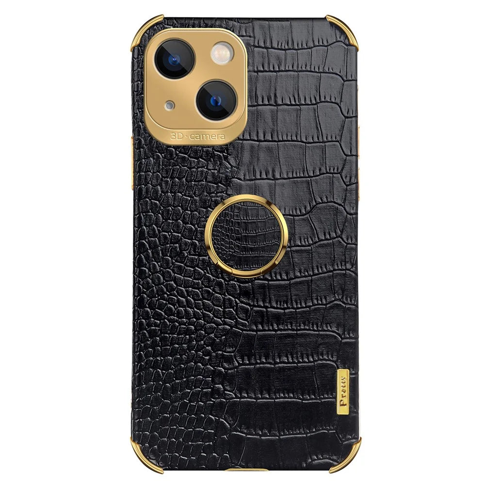 For iPhone 15 Crocodile Texture Ring Kickstand Phone Case Electroplated Leather+TPU Cover - Black - 3