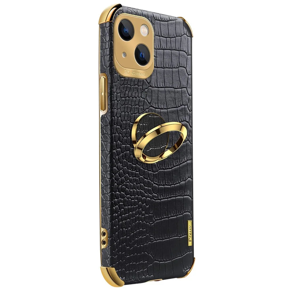 For iPhone 15 Crocodile Texture Ring Kickstand Phone Case Electroplated Leather+TPU Cover - Black - 4