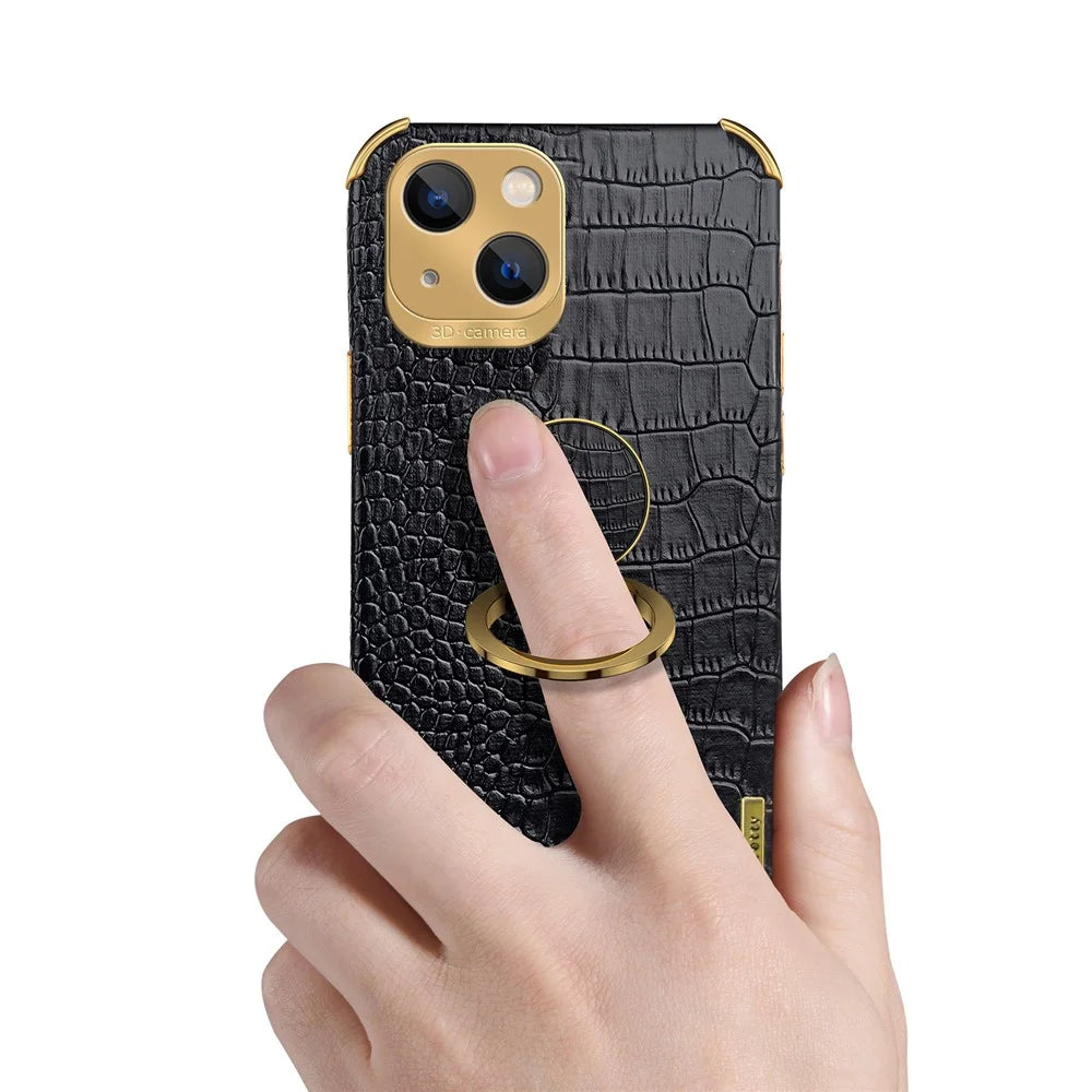 For iPhone 15 Crocodile Texture Ring Kickstand Phone Case Electroplated Leather+TPU Cover - Black - 5