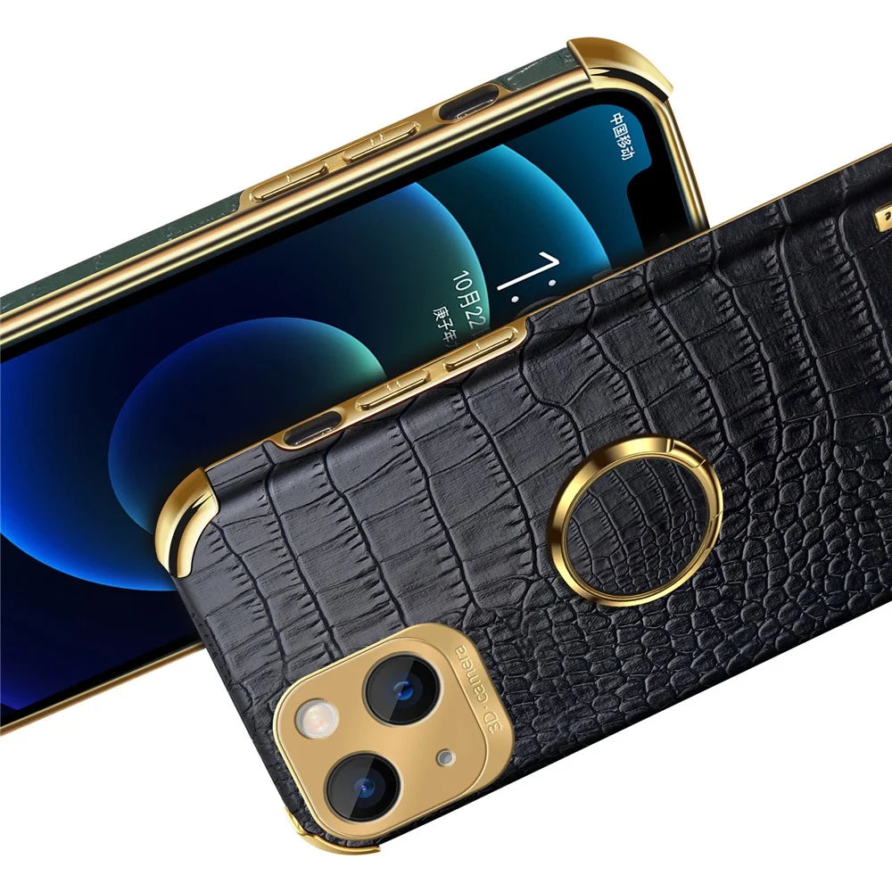 For iPhone 15 Crocodile Texture Ring Kickstand Phone Case Electroplated Leather+TPU Cover - Black - 6