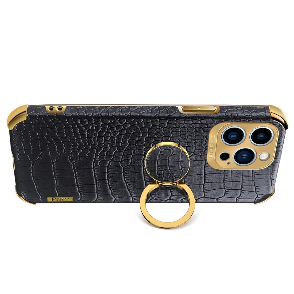 For iPhone 15 Pro Crocodile Texture Electroplated Anti-drop Phone Case Leather+TPU Kickstand Cover - Black - 2