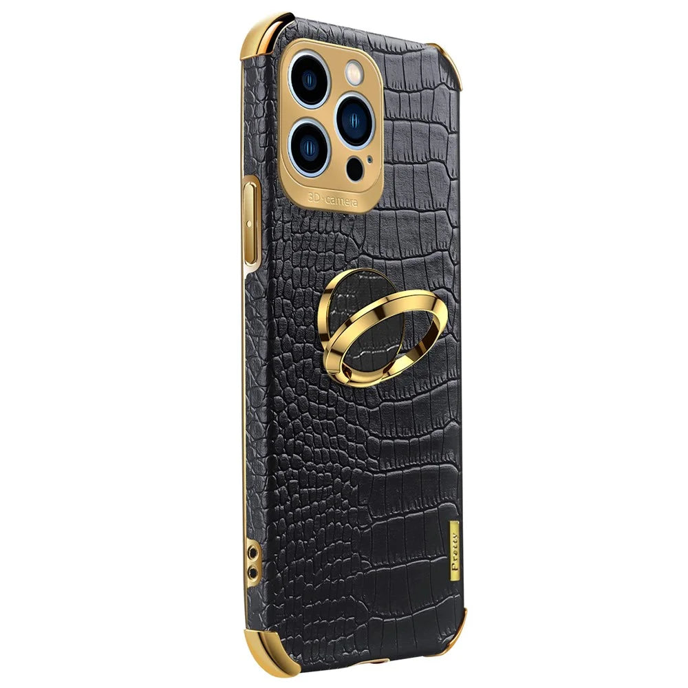 For iPhone 15 Pro Crocodile Texture Electroplated Anti-drop Phone Case Leather+TPU Kickstand Cover - Black - 3