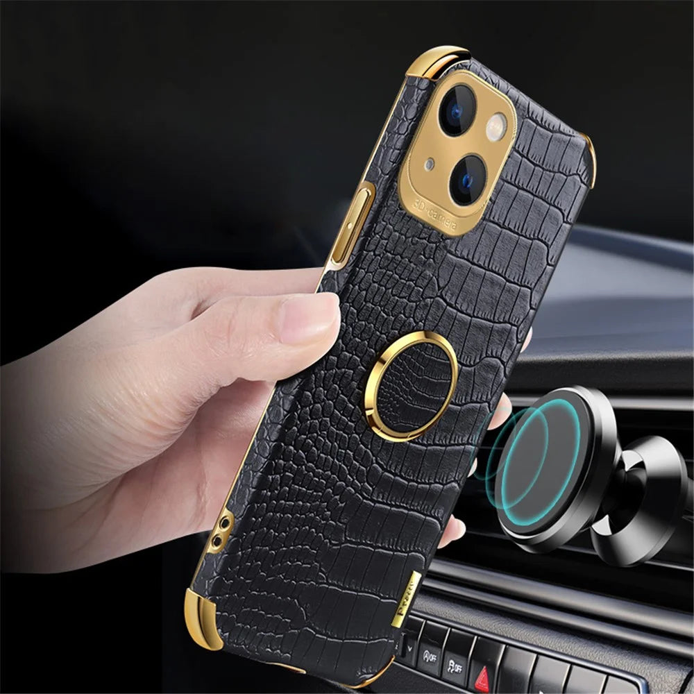 For iPhone 15 Plus Crocodile Texture Leather+TPU Cover Finger Ring Kickstand Phone Case - Black - 7