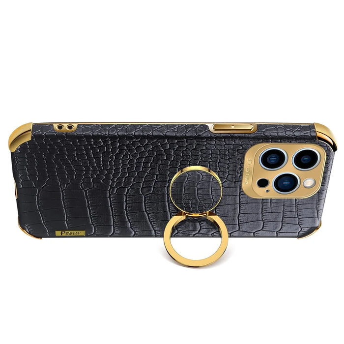 For iPhone 15 Pro Max Ring Kickstand Phone Case Crocodile Texture Leather+TPU Anti-scratch Cover - Black - 2