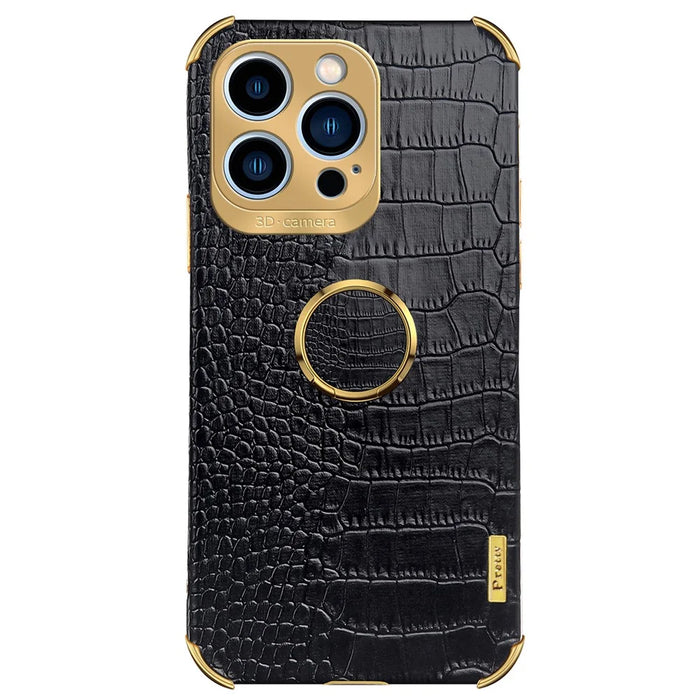 For iPhone 15 Pro Max Ring Kickstand Phone Case Crocodile Texture Leather+TPU Anti-scratch Cover - Black - 4