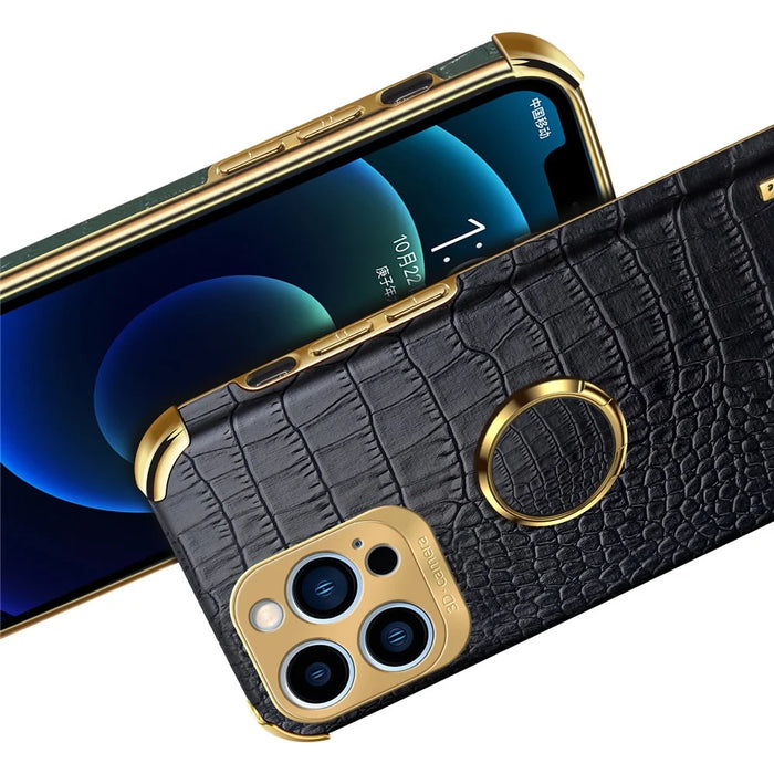For iPhone 15 Pro Max Ring Kickstand Phone Case Crocodile Texture Leather+TPU Anti-scratch Cover - Black - 5