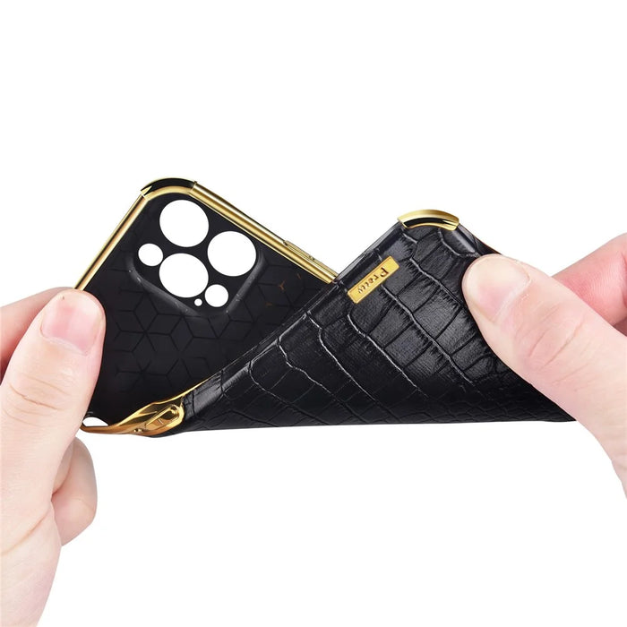 For iPhone 15 Pro Max Ring Kickstand Phone Case Crocodile Texture Leather+TPU Anti-scratch Cover - Black - 6
