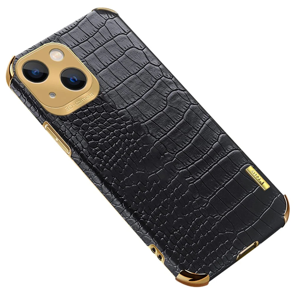 For iPhone 15 Crocodile Texture Leather+TPU Cover 6D Electroplating Anti-scratch Phone Case - Black - 1