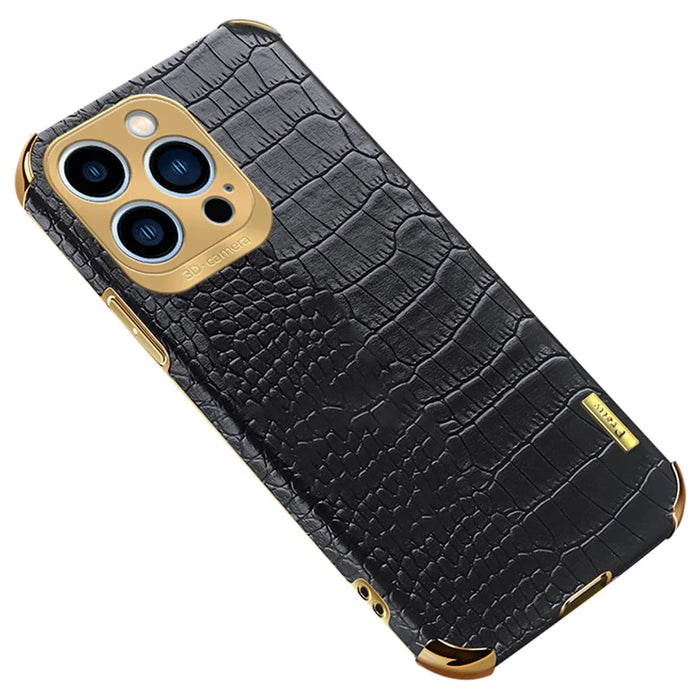 For iPhone 15 Pro Max 6D Electroplating Leather Coated TPU Cover Crocodile Texture Cell Phone Case - Black - 1
