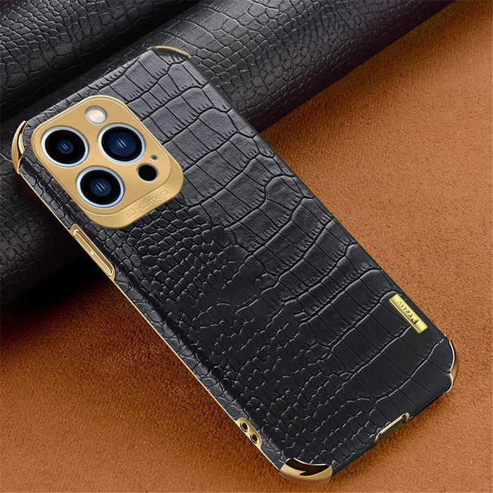 For iPhone 15 Pro Max 6D Electroplating Leather Coated TPU Cover Crocodile Texture Cell Phone Case - Black - 2