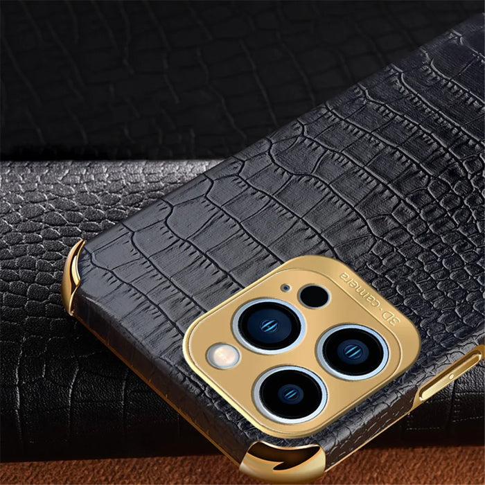For iPhone 14 Pro Max Electroplated Crocodile Texture Cover Leather Coated Soft TPU Phone Case - Black - 3