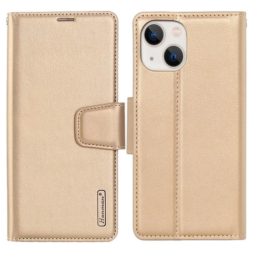 HANMAN Mill Series for iPhone 15 Plus PU Leather Mobile Phone Case Wallet Cell Phone Stand Cover - Gold - 1