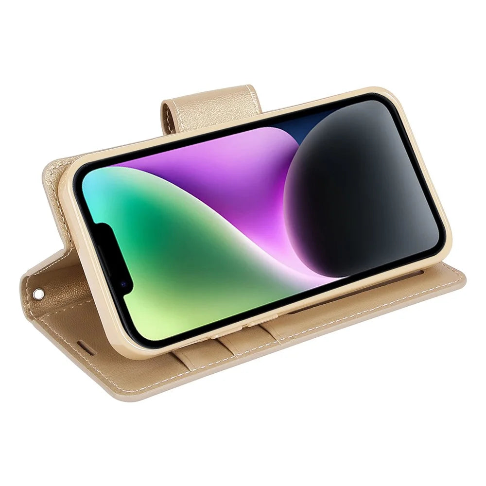 HANMAN Mill Series for iPhone 15 Plus PU Leather Mobile Phone Case Wallet Cell Phone Stand Cover - Gold - 2