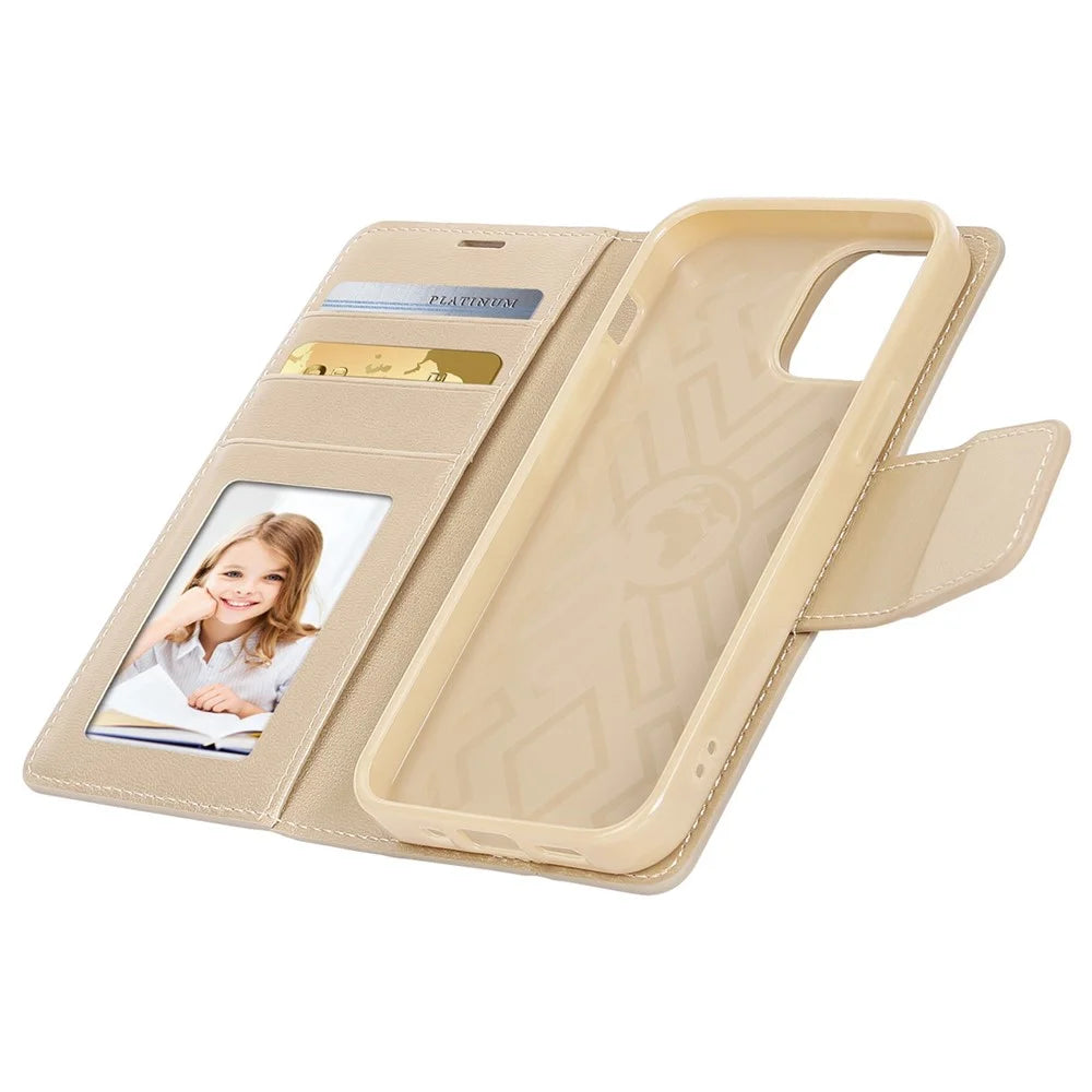 HANMAN Mill Series for iPhone 15 Plus PU Leather Mobile Phone Case Wallet Cell Phone Stand Cover - Gold - 3