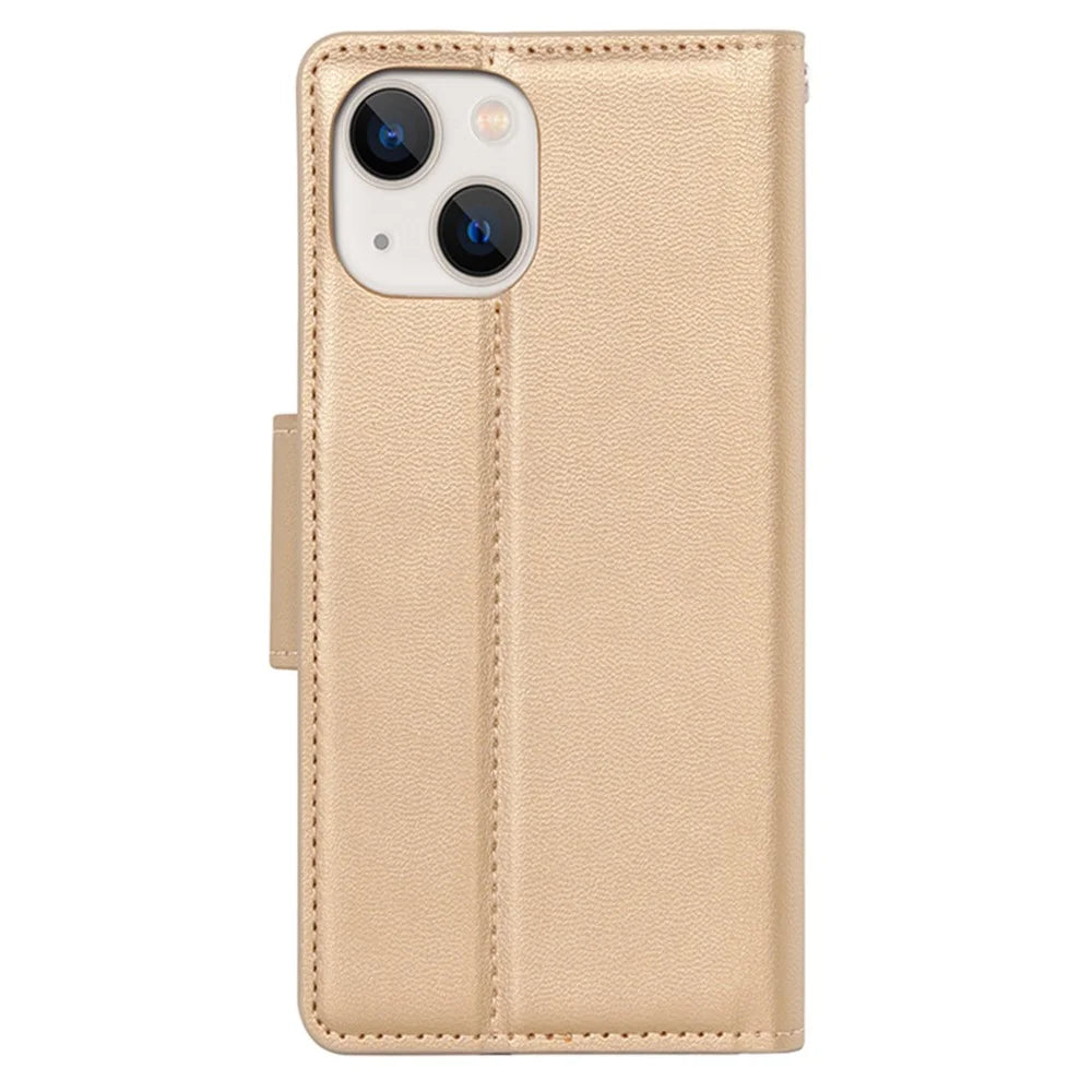HANMAN Mill Series for iPhone 15 Plus PU Leather Mobile Phone Case Wallet Cell Phone Stand Cover - Gold - 4