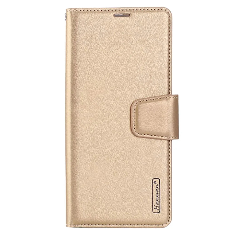 HANMAN Mill Series for iPhone 15 Plus PU Leather Mobile Phone Case Wallet Cell Phone Stand Cover - Gold - 5