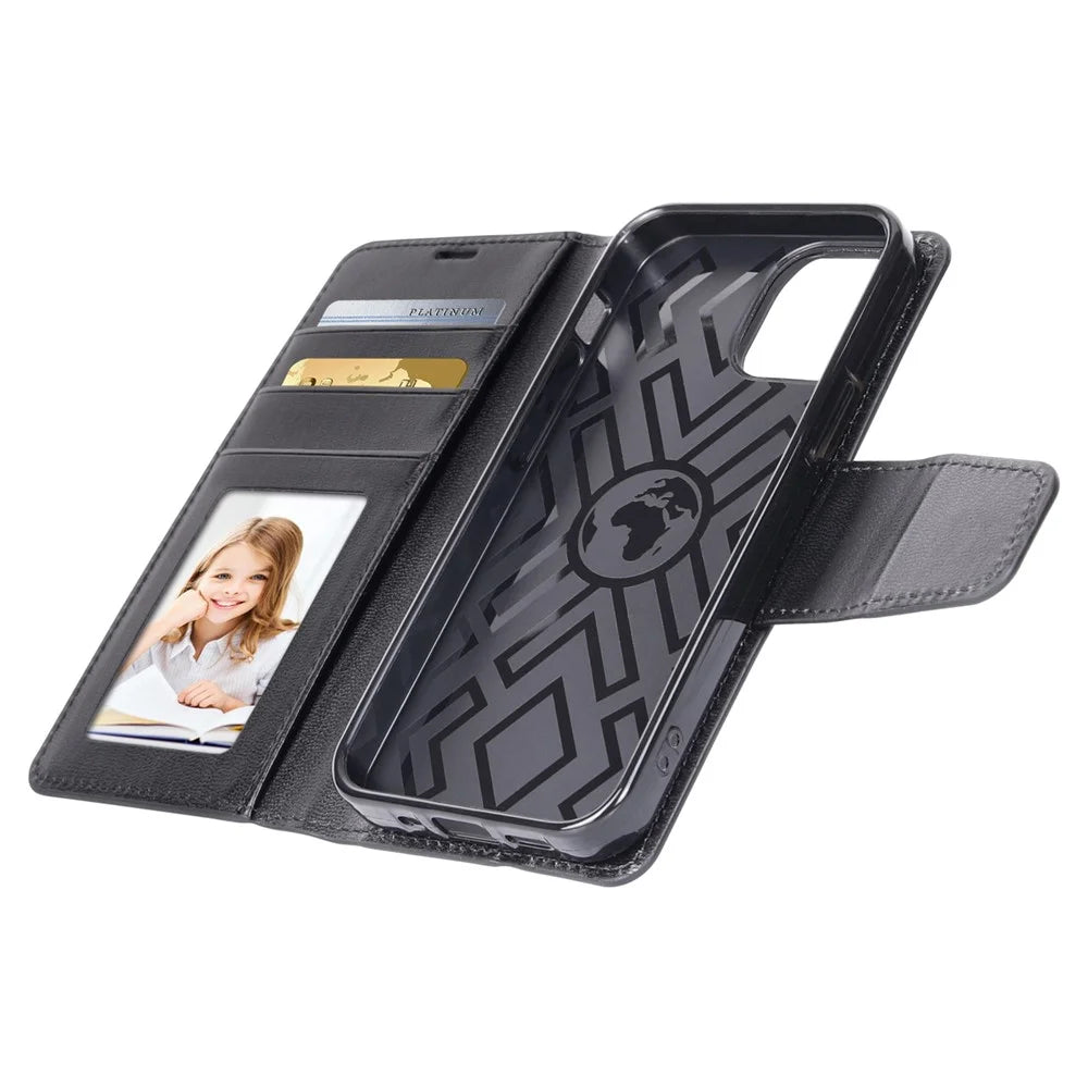 HANMAN Mill Series for iPhone 15 Shockproof Shell Wallet PU Leather Stand Cover Mobile Phone Case - Black - 4