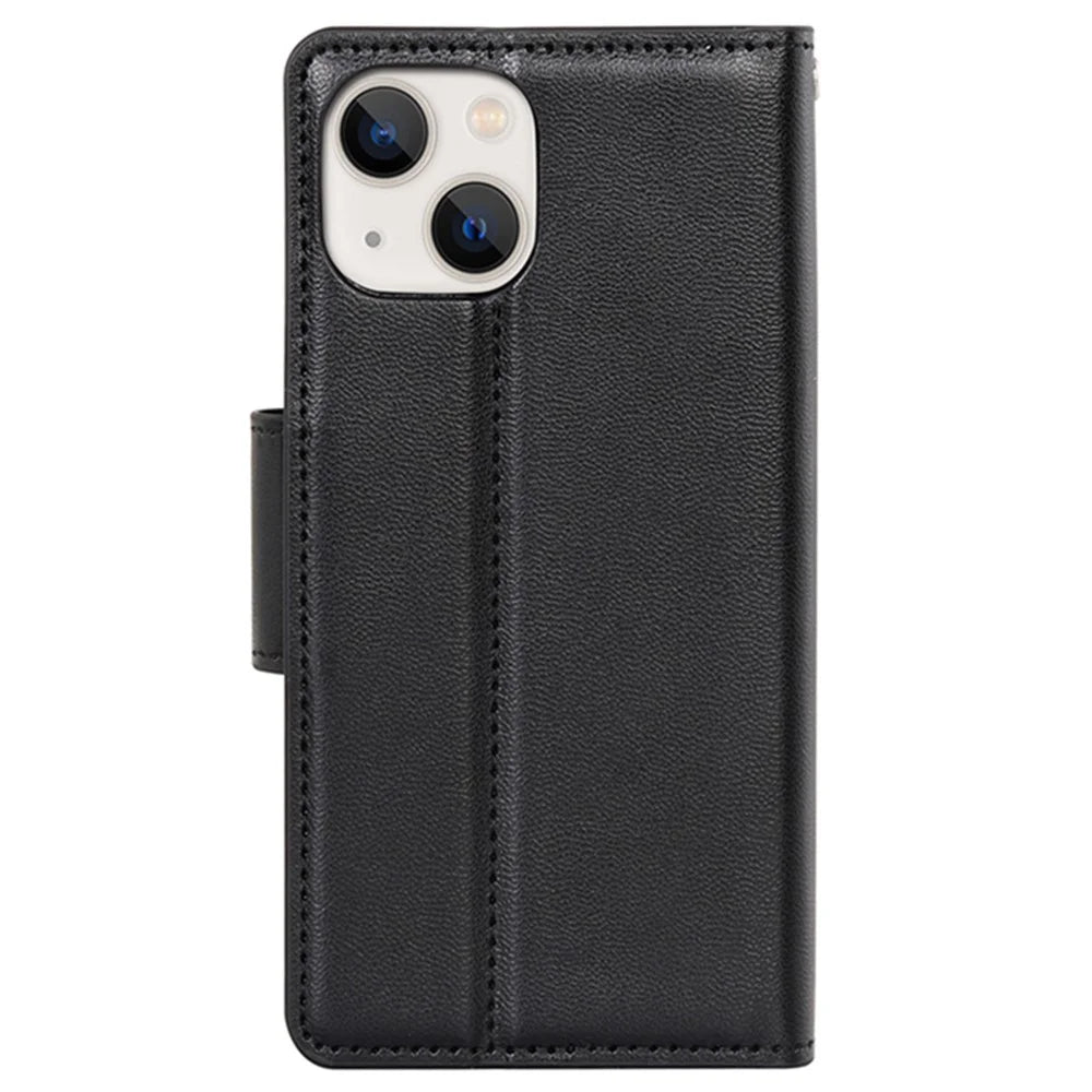 HANMAN Mill Series for iPhone 15 Shockproof Shell Wallet PU Leather Stand Cover Mobile Phone Case - Black - 5