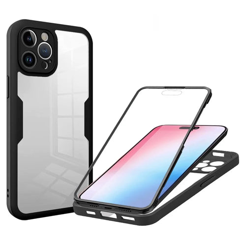 For iPhone 15 Pro Max Transparent Phone Case Acrylic+TPU Fully Protection Cover with PET Screen Protector - Black - 1