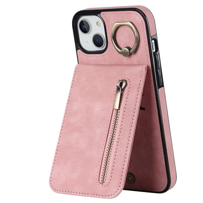 For iPhone 13 / 14 6.1 inch Phone Case RFID Blocking Wallet Retro PU+TPU Kickstand Cover - Pink - 1
