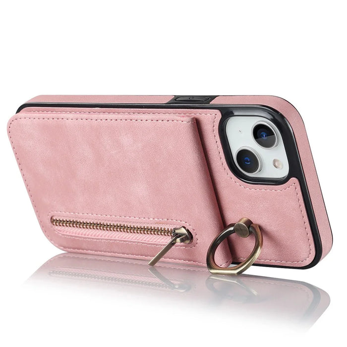 For iPhone 13 / 14 6.1 inch Phone Case RFID Blocking Wallet Retro PU+TPU Kickstand Cover - Pink - 2