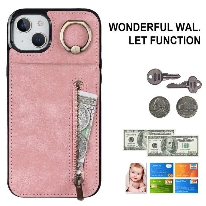 For iPhone 13 / 14 6.1 inch Phone Case RFID Blocking Wallet Retro PU+TPU Kickstand Cover - Pink - 4
