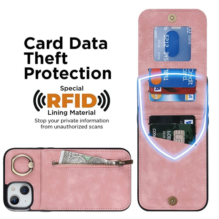 For iPhone 13 / 14 6.1 inch Phone Case RFID Blocking Wallet Retro PU+TPU Kickstand Cover - Pink - 6