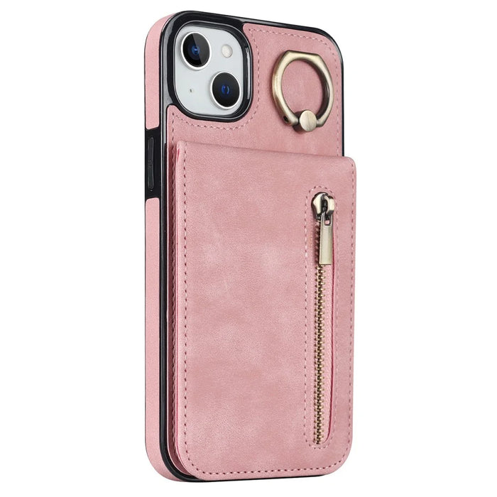 For iPhone 13 / 14 6.1 inch Phone Case RFID Blocking Wallet Retro PU+TPU Kickstand Cover - Pink - 7
