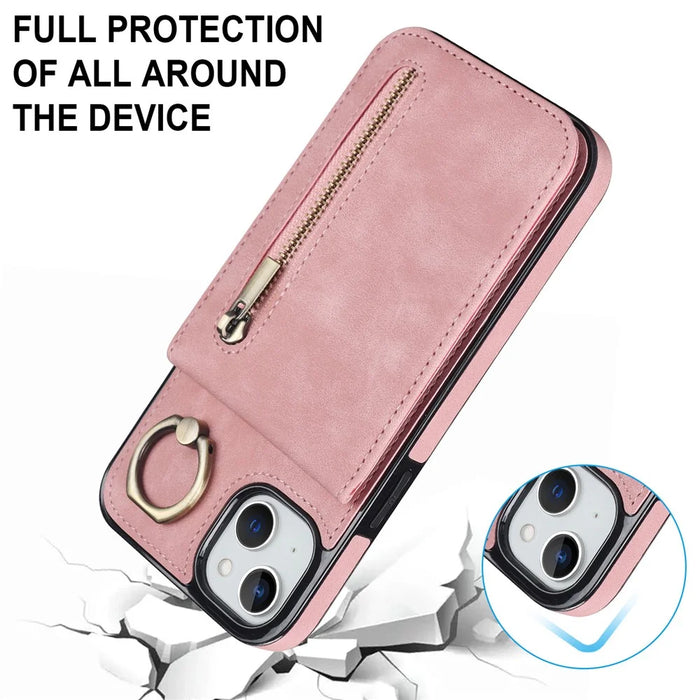 For iPhone 14 Plus Anti-drop Phone Case RFID Blocking Wallet Retro PU+TPU Cellphone Kickstand Cover - Pink - 5